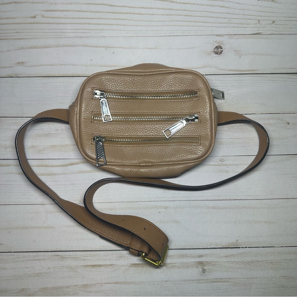 Rebecca Minkoff Tan Pebbled Leather Belt Bag Multi Zip Waist Pack Gold Silver
